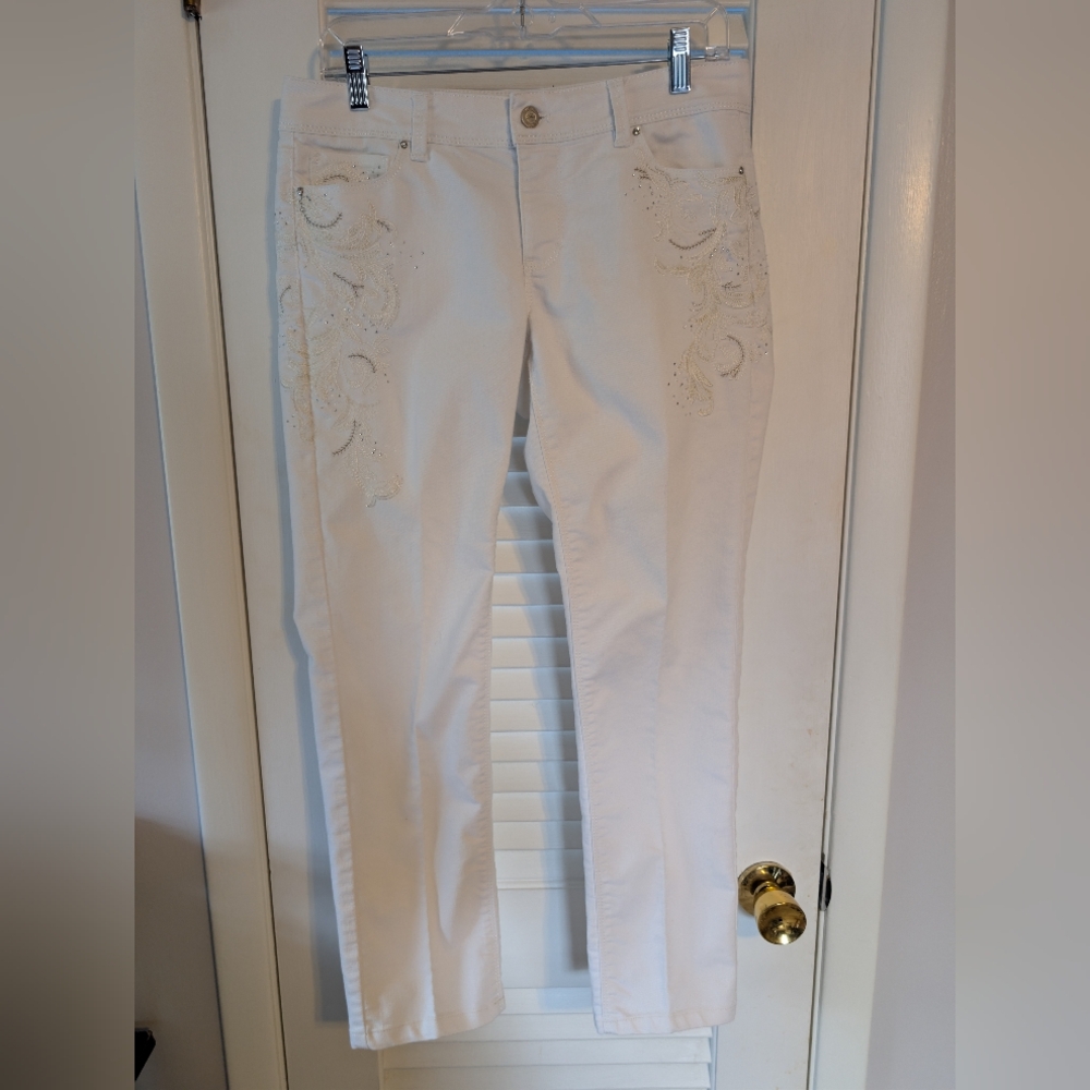 White House Black Market Blanc 4r 4 White Denim Jeans Embellished Euc